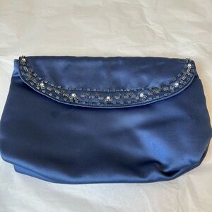 Vintage Handmade Chic Midnight Blue Satin Clutch with Beaded Accents